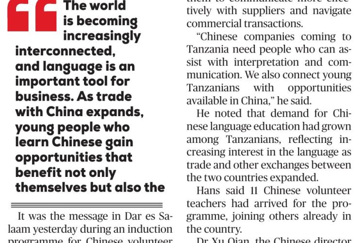 Newspaper cutting from The Guardian: Chinese language skills open new opportunities for Tanzanian youth